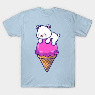 Cute Polar Bear On Ice Cream Cone Cartoon T-Shirt